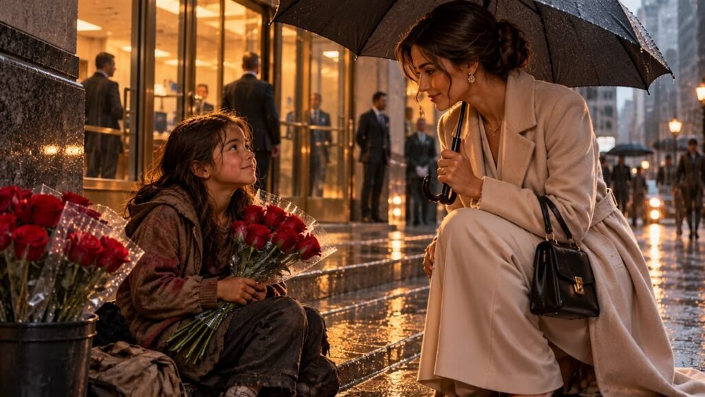 La niña de las rosas frente al banco y la señora del paraguas